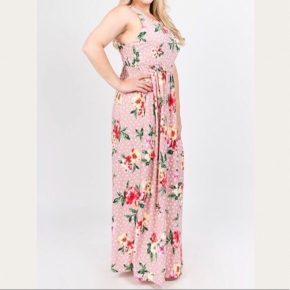 Floral Print Polka Dot Pocket Maxi Dress 1X 2X 3X - Picture 5 of 8